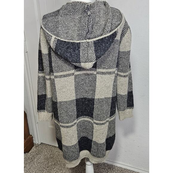 Black & Tan Knit Plaid Duster Cardigan With Hood - Picture 3 of 11